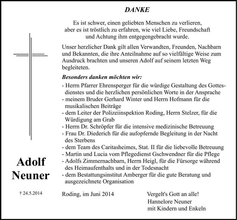 Traueranzeige Adolf Neuner