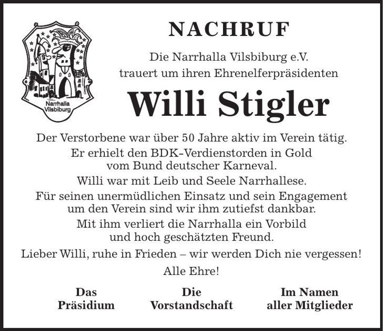 Traueranzeige Willi Stigler