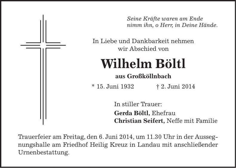 Traueranzeige Wilhelm Böltl