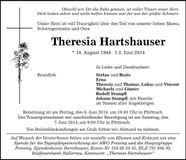 Traueranzeige Theresia Hartshauser