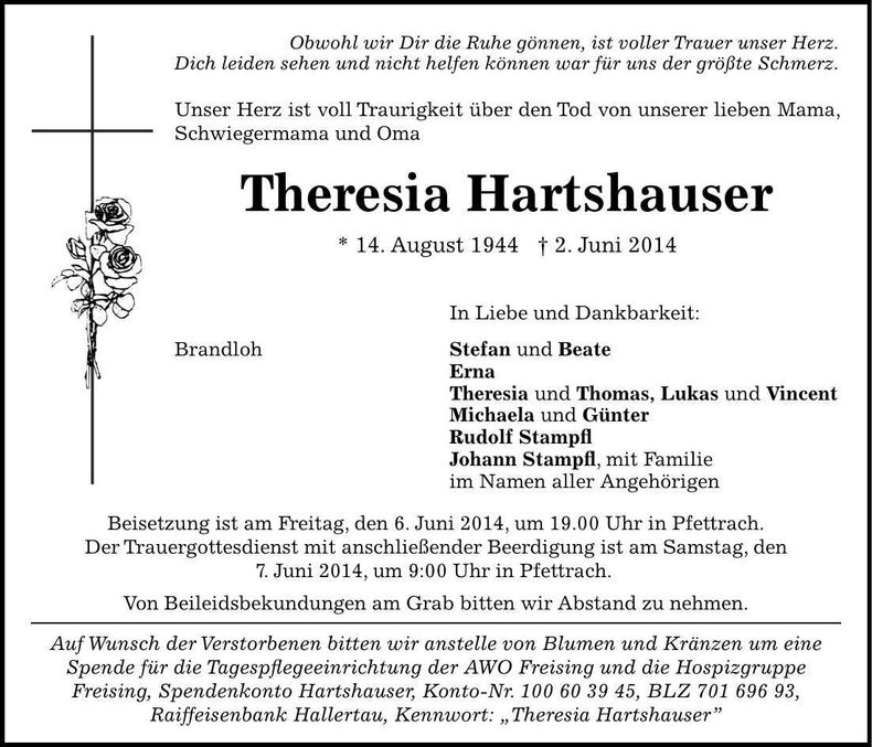 Traueranzeige Theresia Hartshauser