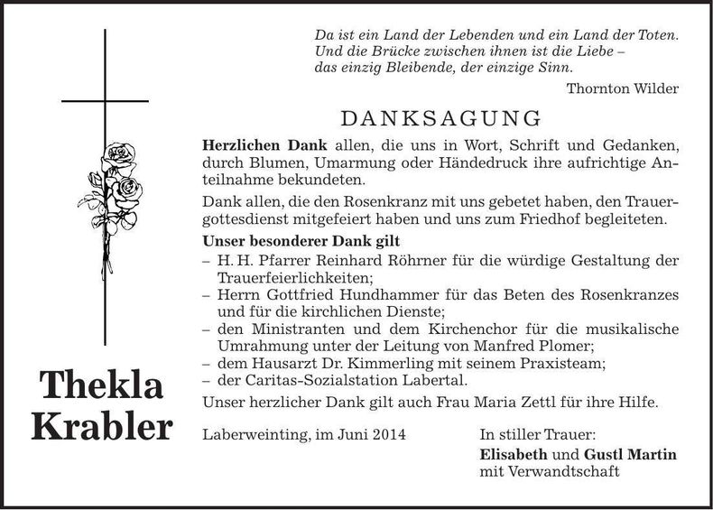 Traueranzeige Thekla Krabler