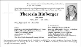 Traueranzeige Theresia Rinberger