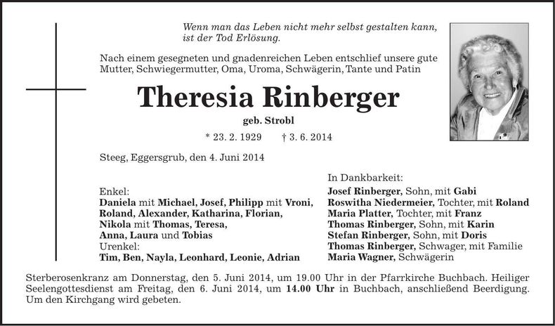 Traueranzeige Theresia Rinberger