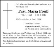 Traueranzeige Maria Preiß