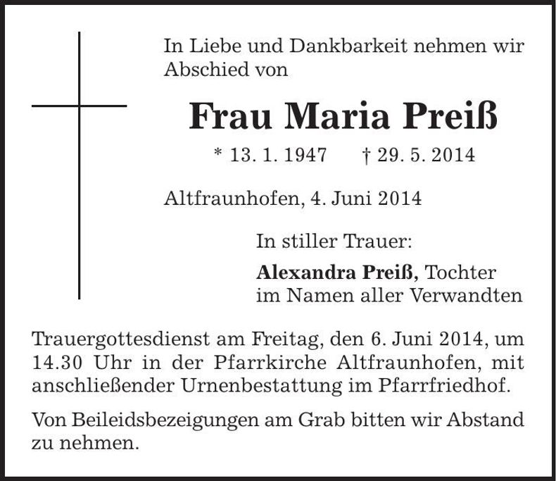 Traueranzeige Maria Preiß