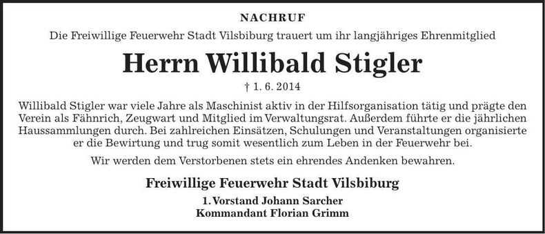 Traueranzeige Willibald Stigler