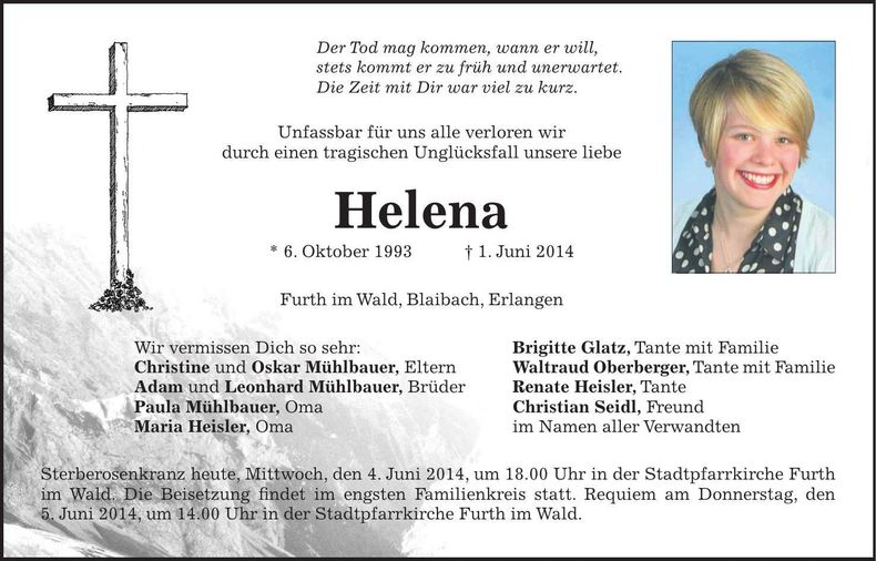 Traueranzeige Helena Mühlbauer