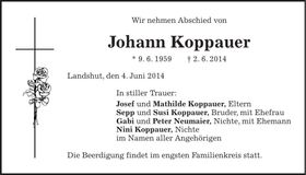Traueranzeige Johann Koppauer