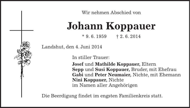 Traueranzeige Johann Koppauer