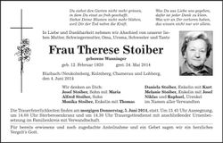 Traueranzeige Therese Stoiber