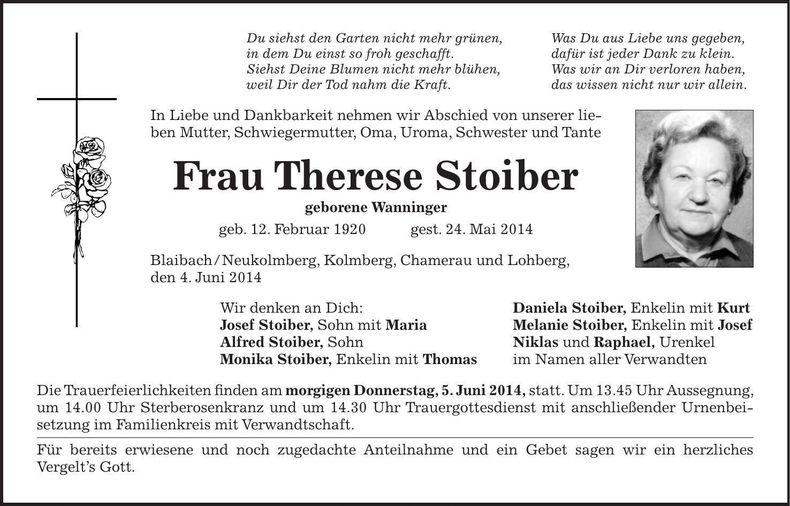 Traueranzeige Therese Stoiber