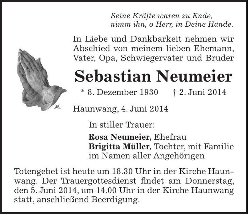 Traueranzeige Sebastian Neumeier