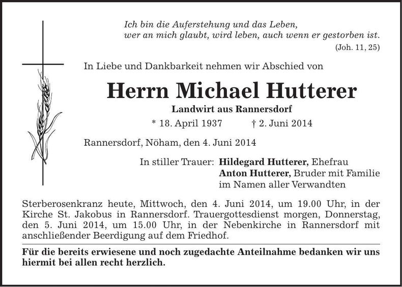 Traueranzeige Michael Hutterer