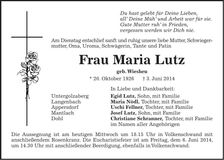 Traueranzeige Maria Lutz