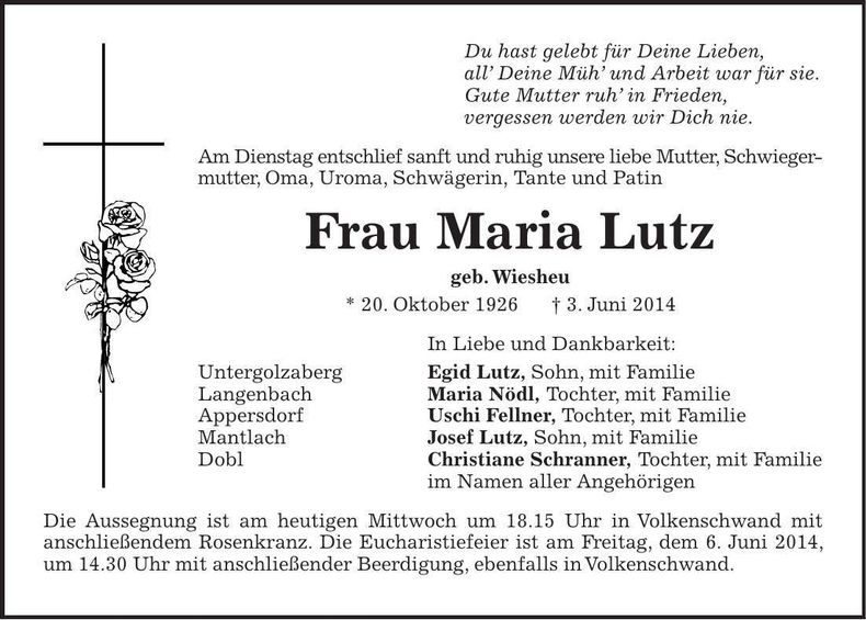 Traueranzeige Maria Lutz