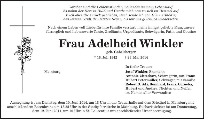 Traueranzeige Adelheid Winkler