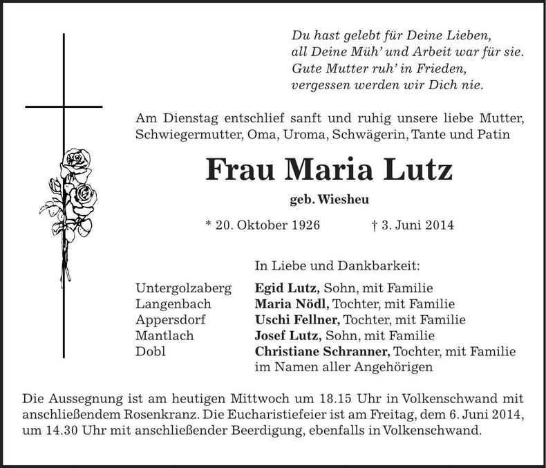 Traueranzeige Maria Lutz