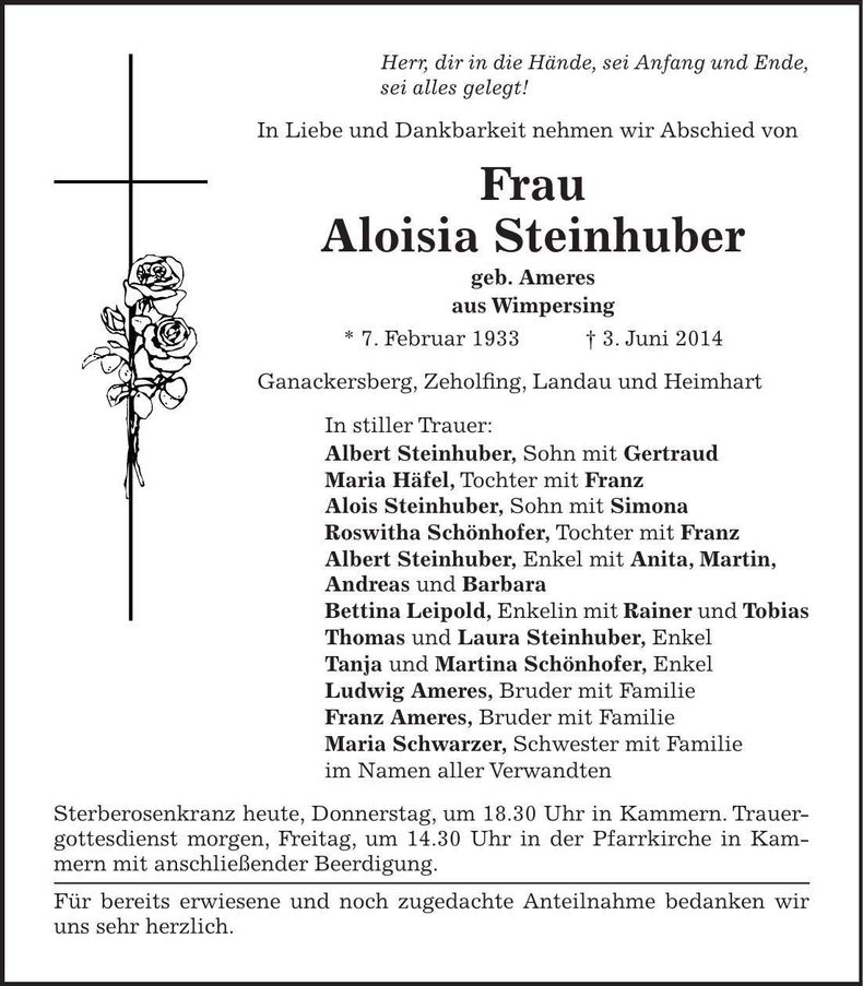 Traueranzeige Aloisia Steinhuber