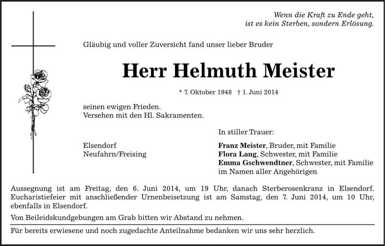 Traueranzeige Helmuth Meister