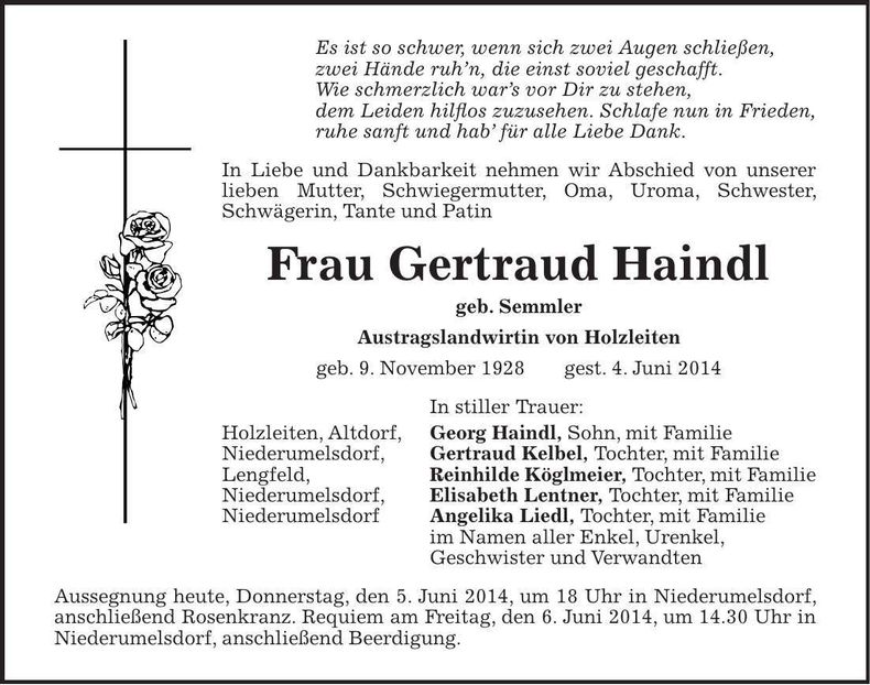 Traueranzeige Gertraud Haindl