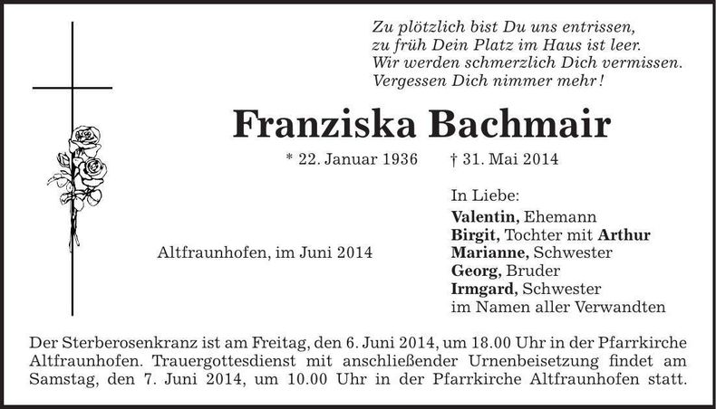 Traueranzeige Franziska Bachmair