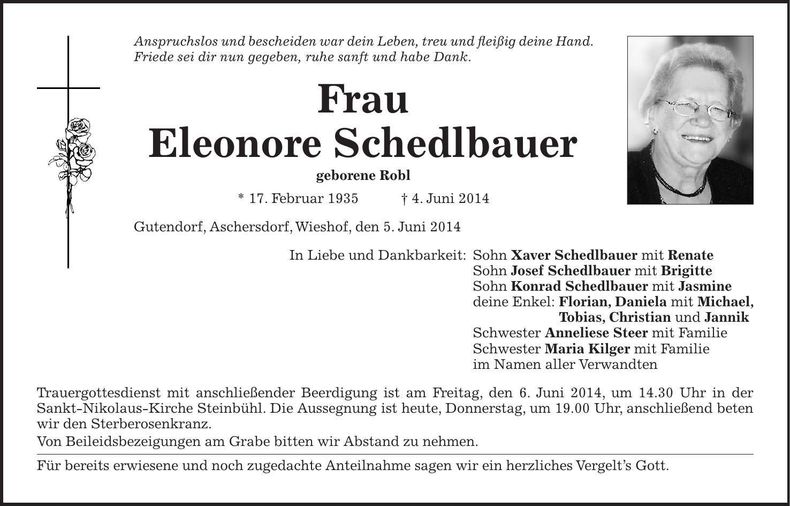 Traueranzeige Eleonore Schedlbauer