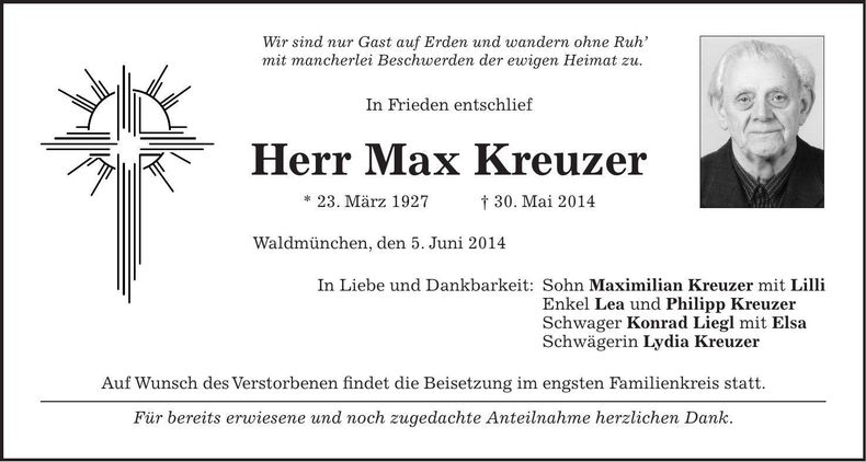 Traueranzeige Max Kreuzer