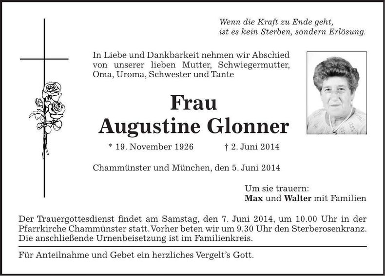 Traueranzeige Augustine Glonner