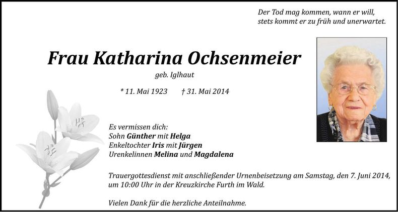 Traueranzeige Katharina Ochsenmeier