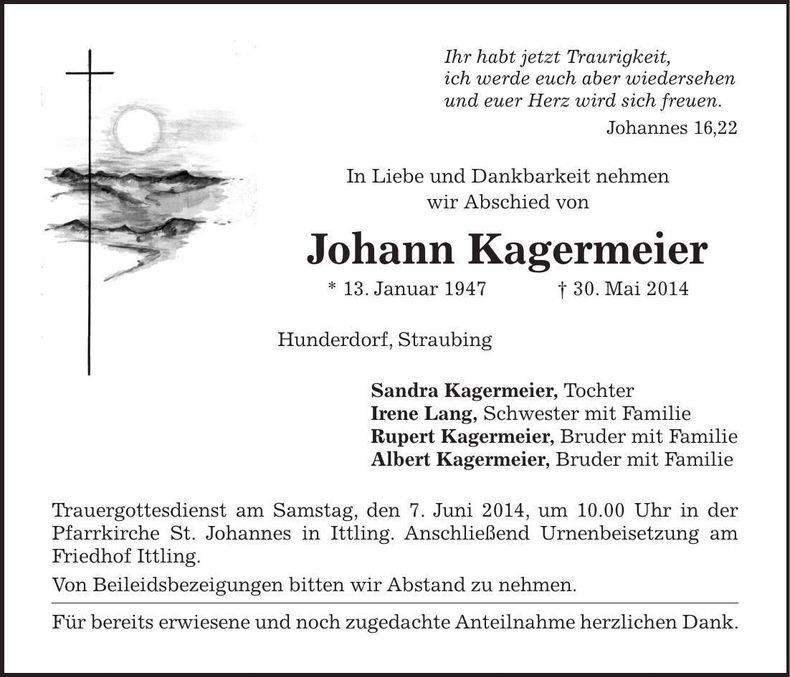 Traueranzeige Johann Kagermeier