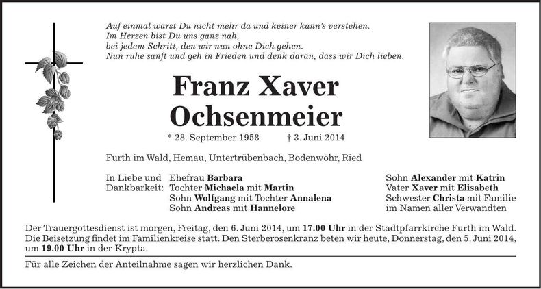Traueranzeige Franz Xaver Ochsenmeier