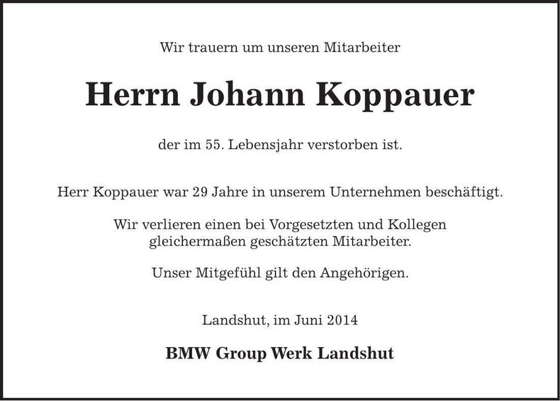 Traueranzeige Johann Koppauer