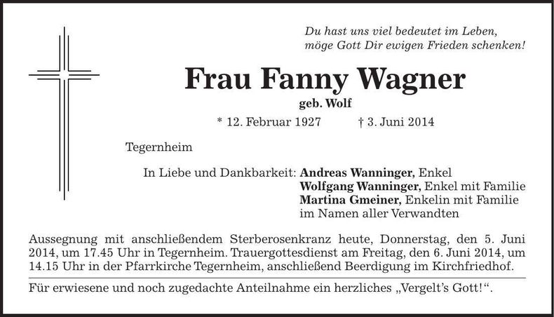Traueranzeige Fanny Wagner