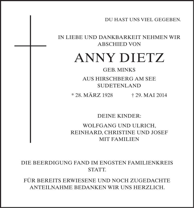 Traueranzeige Anny Dietz