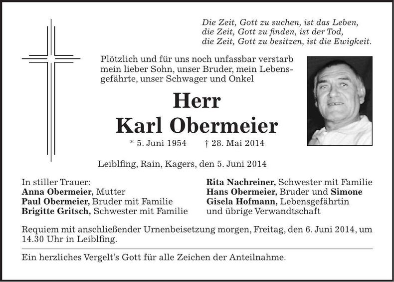Traueranzeige Karl Obermeier