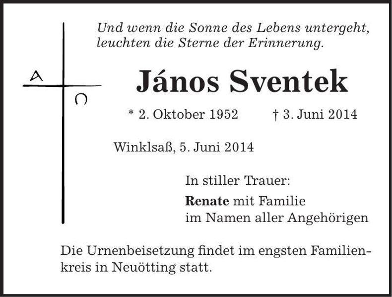 Traueranzeige Janos Sventek