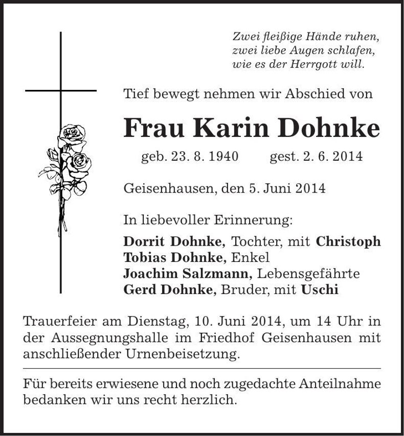 Traueranzeige Karin Dohnke