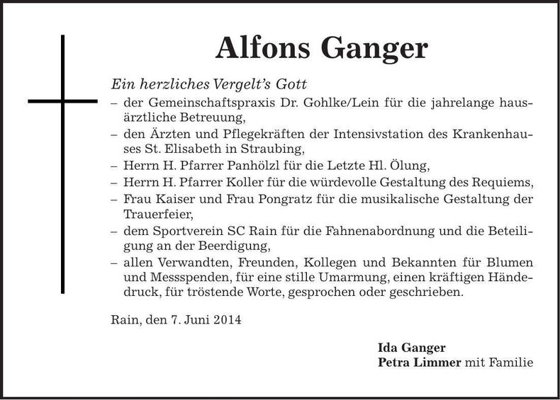 Traueranzeige Alfons Ganger