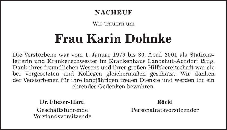 Traueranzeige Karin Dohnke