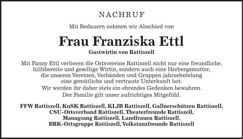 Traueranzeige Franziska Ettl