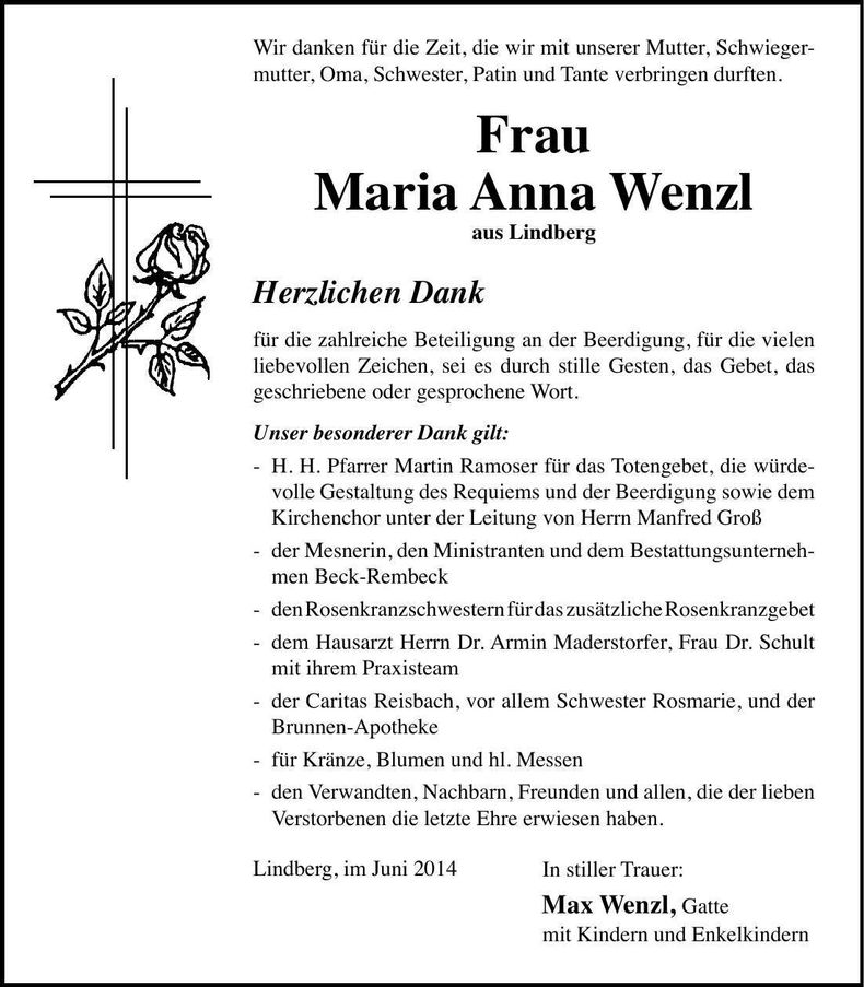 Traueranzeige Maria-Anna Wenzl