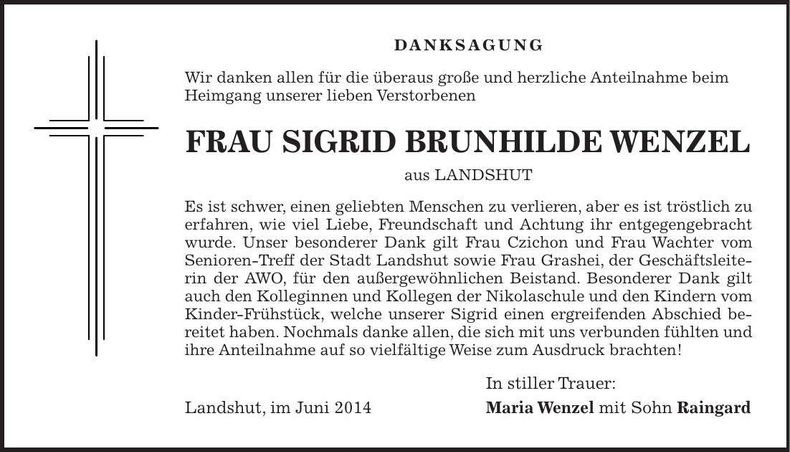 Traueranzeige Wenzel Sigrid Brunhilde
