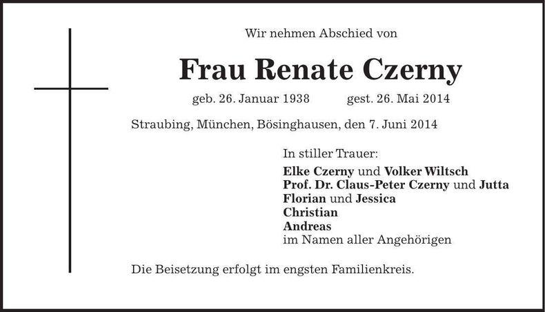Traueranzeige Renate Czerny