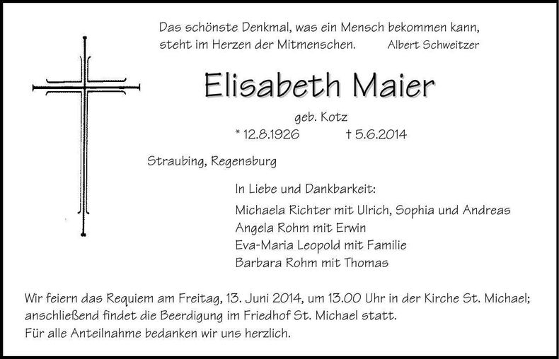 Traueranzeige Elisabeth Maier
