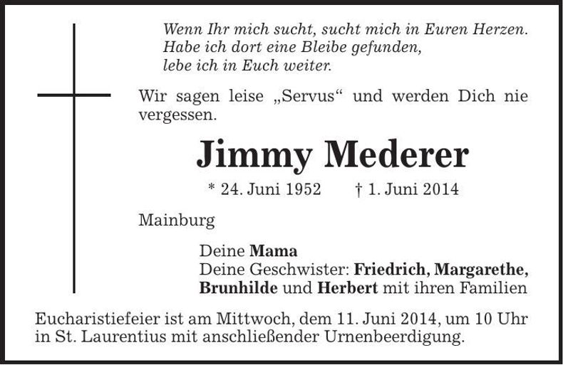 Traueranzeige Jimmy Mederer