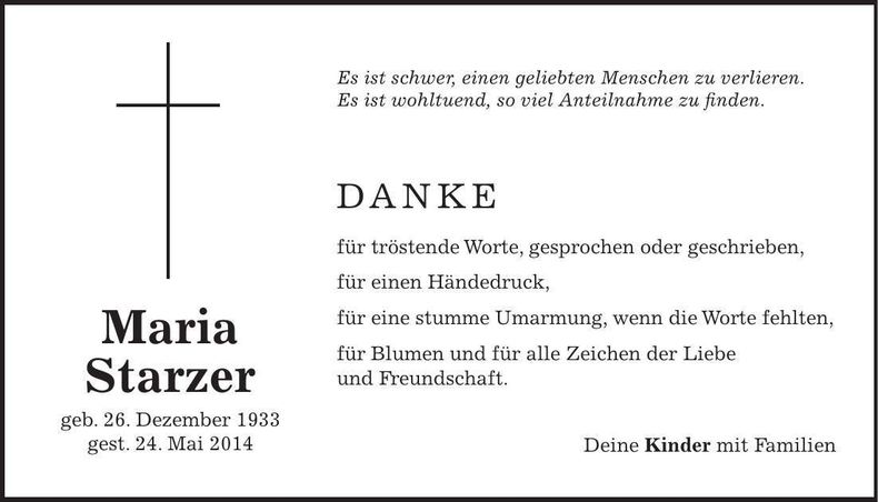 Traueranzeige Maria Starzer