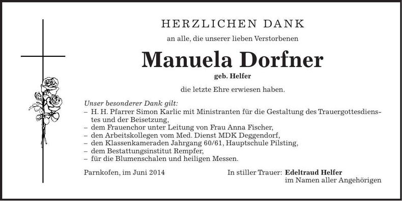 Traueranzeige Manuela Dorfner