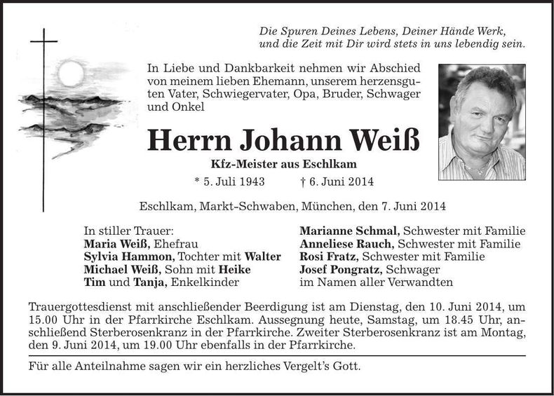 Traueranzeige Johann Weiß