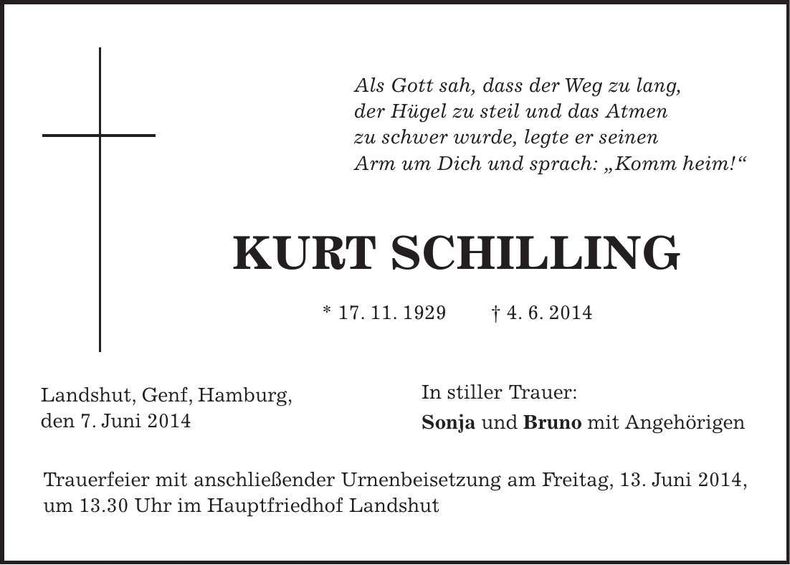 Traueranzeige Kurt Schilling